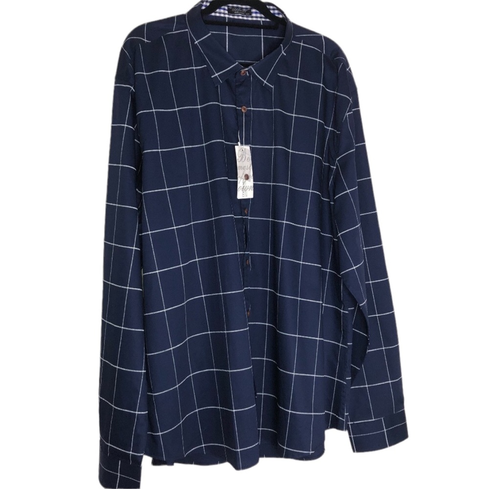 COOFANDY Men's Navy Blue Window Pane Button Down Shirt ~Sz XXXL